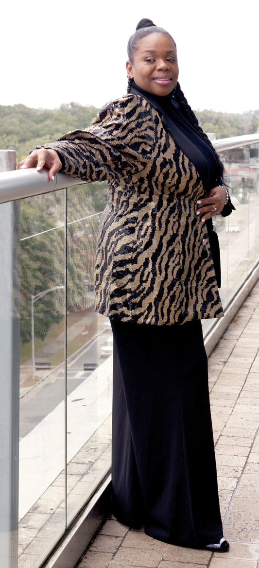 Sequin Puff Sleeve Animal Print Blazer