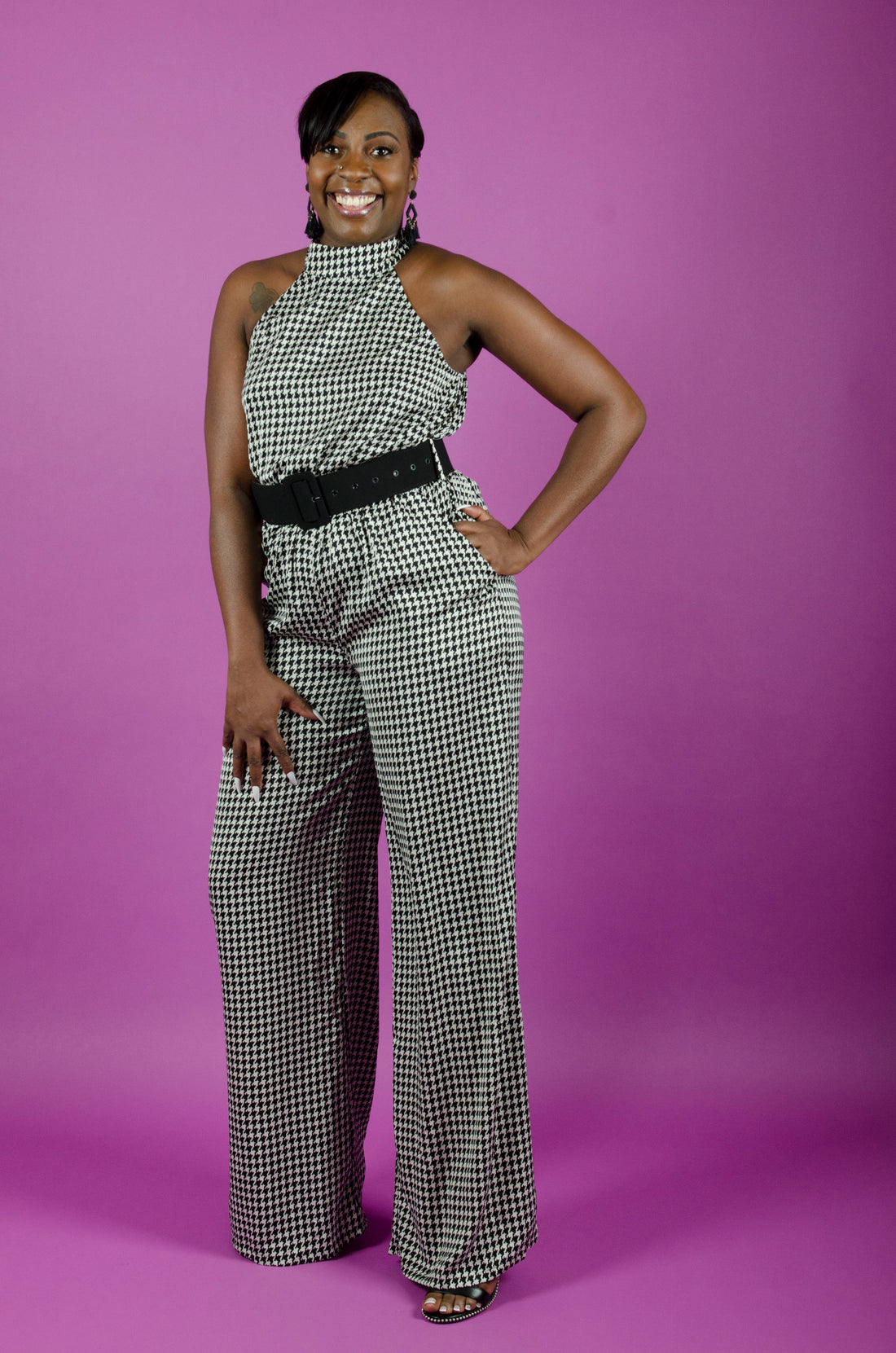 Halter Neck Houndstooth Print Jumpsuit