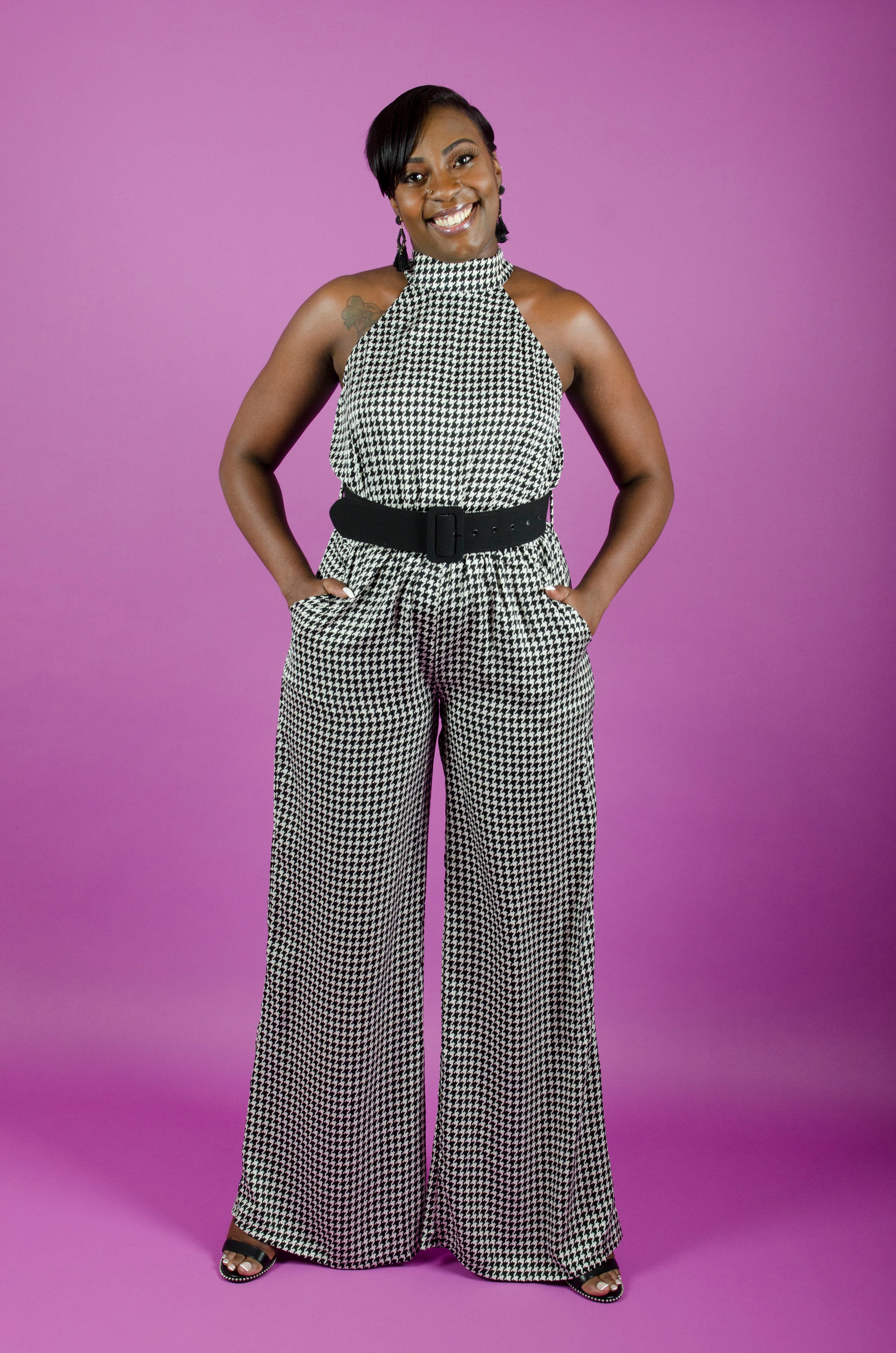 Purple 2024 gingham jumpsuit