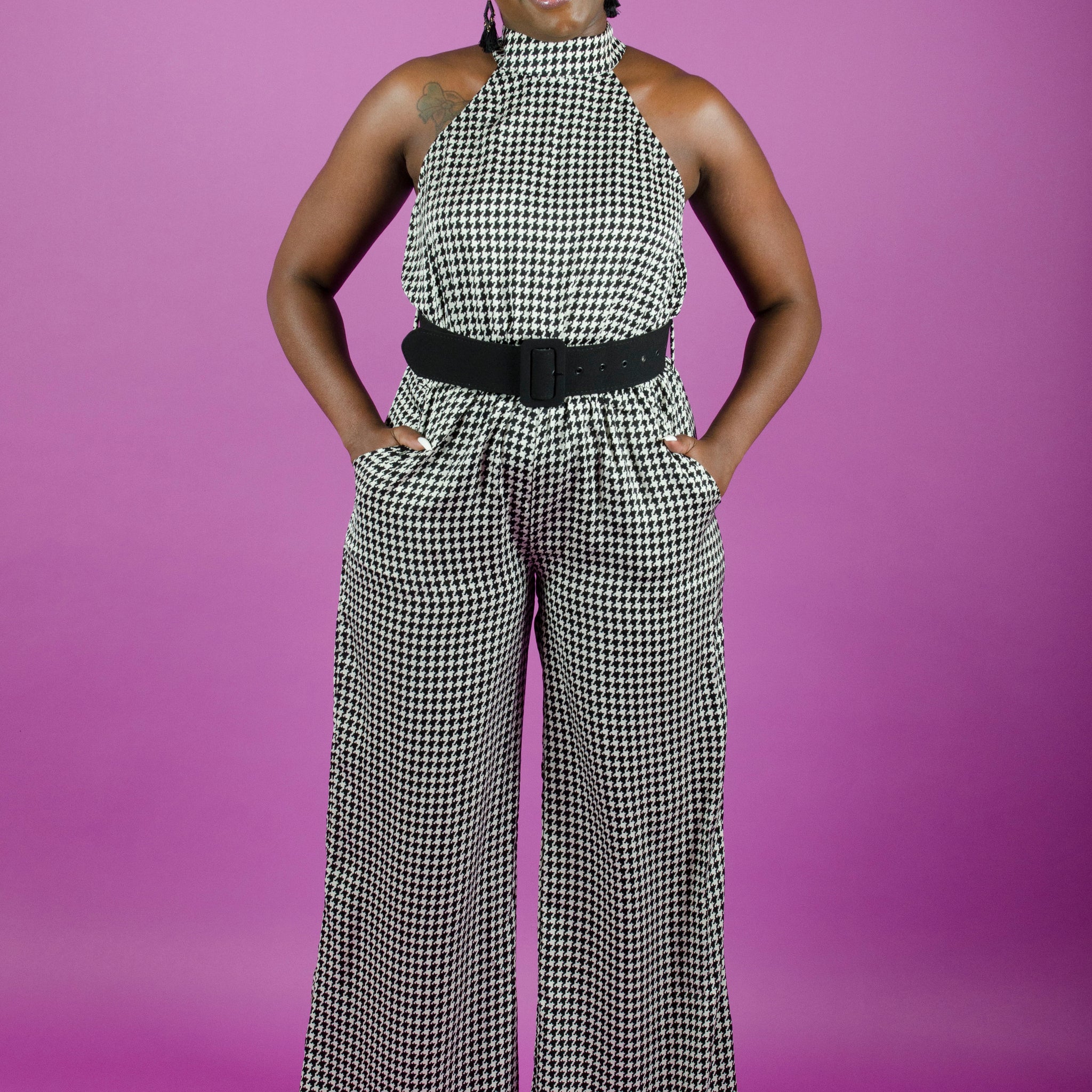 Halter Neck Houndstooth Print Jumpsuit
