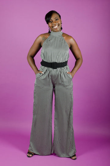 Halter Neck Houndstooth Print Jumpsuit