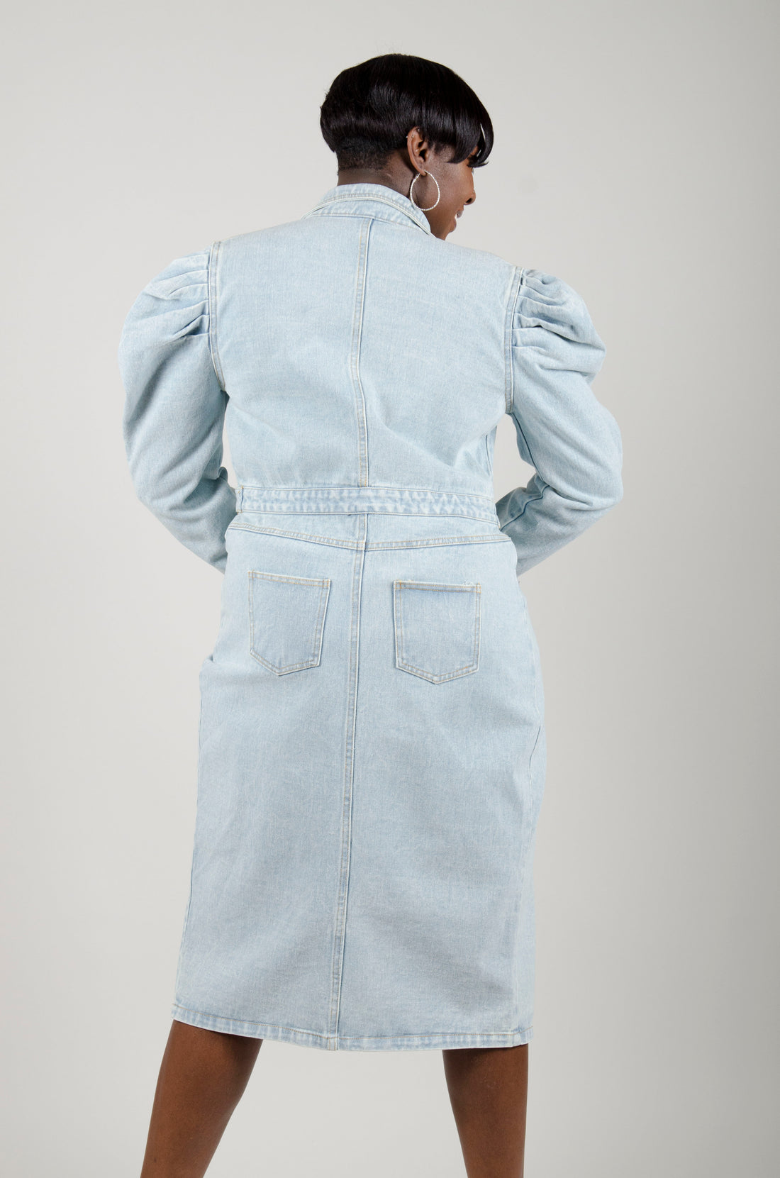 Puff Shoulder Midi Denim Dress/Coat