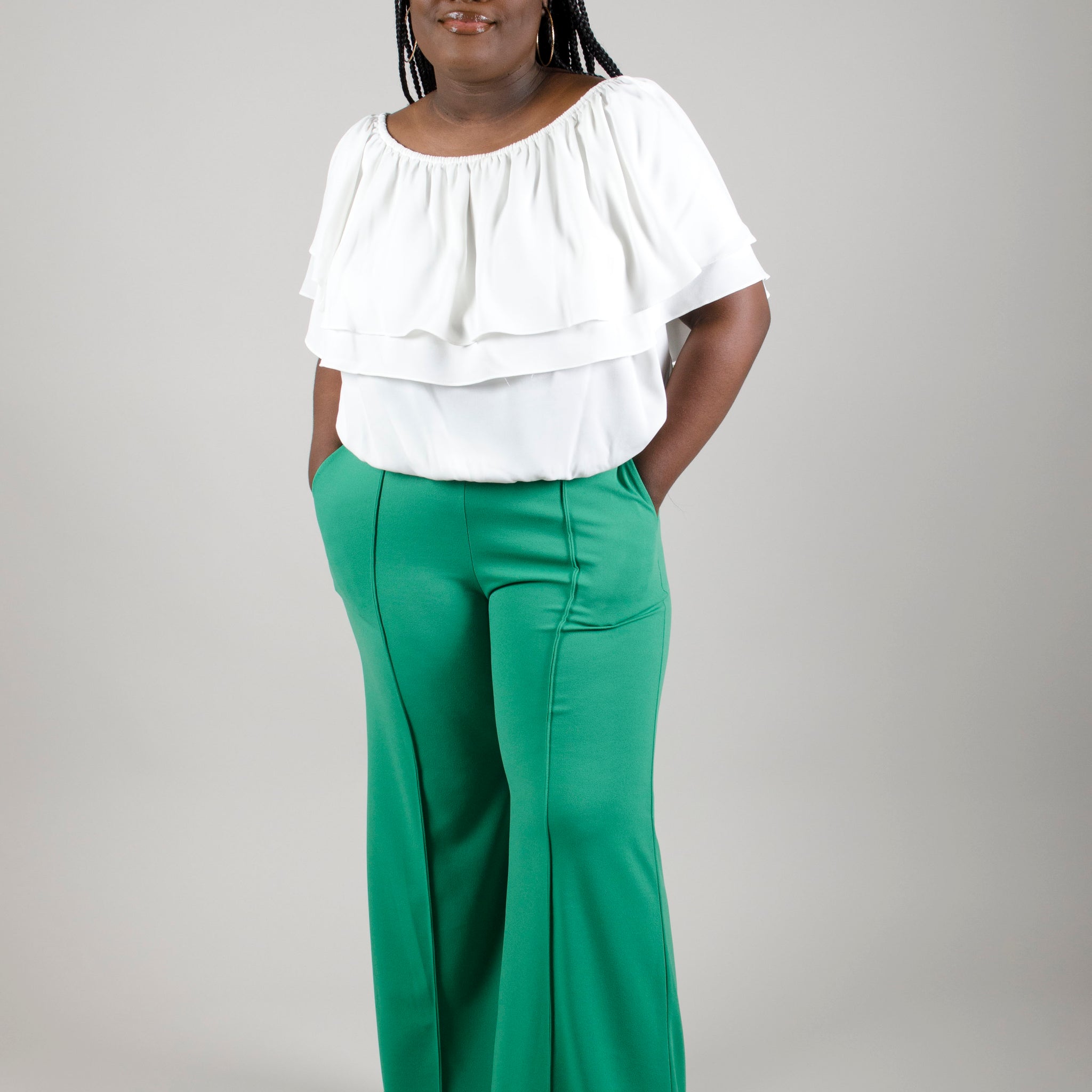 High-Waisted Flare Leg Pants with Pockets (Available in Ivory Only): Plus Size