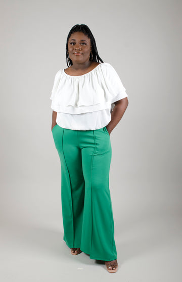 High-Waisted Flare Leg Pants with Pockets (Available in Ivory Only): Plus Size