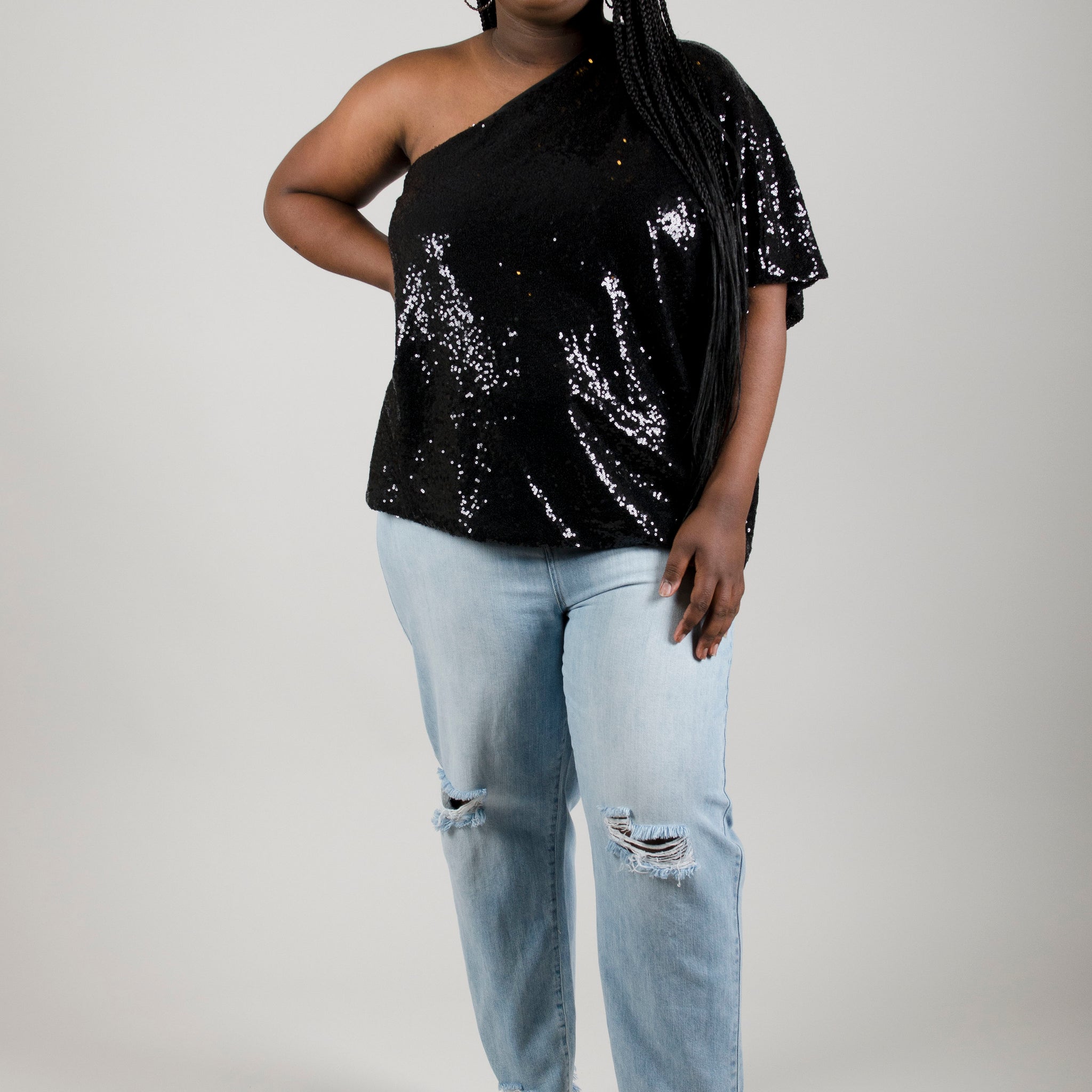One-Shoulder Sequin Top: Plus Size