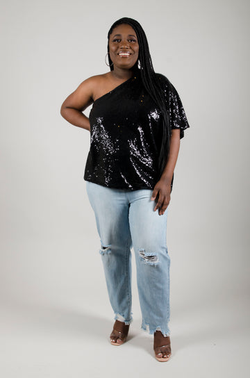 One-Shoulder Sequin Top: Plus Size