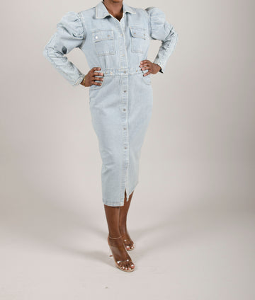 Puff Shoulder Midi Denim Dress/Coat