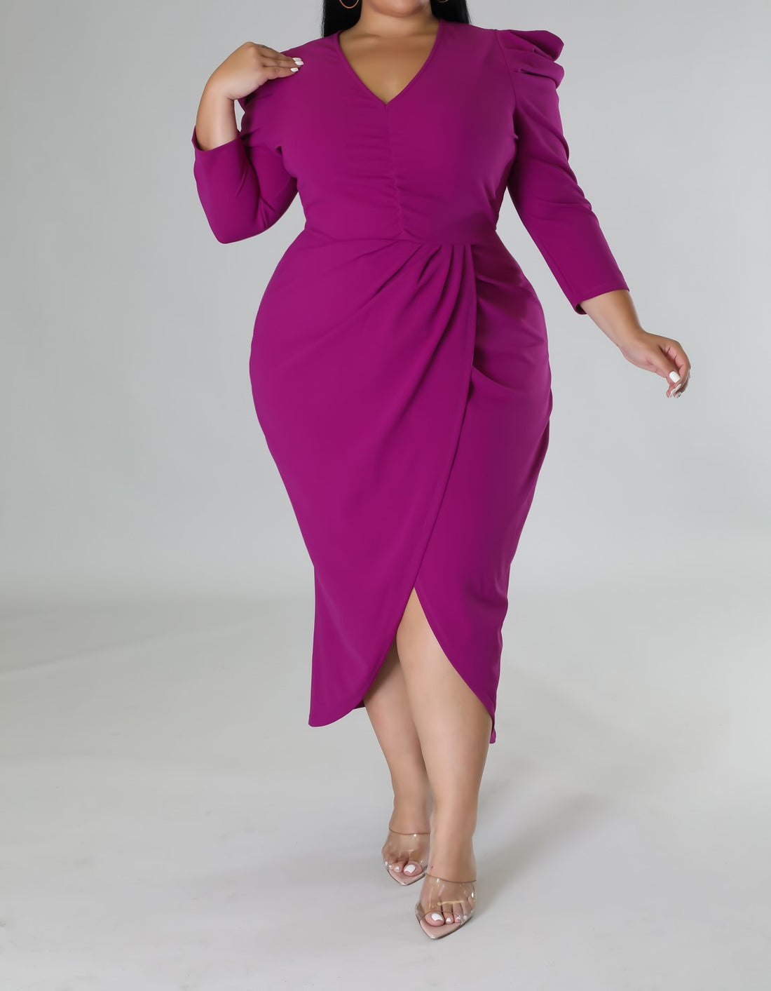 Puff Sleeve Faux Wrap Midi Dress: Plus Size